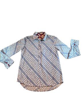 Tizzie Womens Shirt S Blue White Geometric 100% Cotton Button Front Long Sleeve
